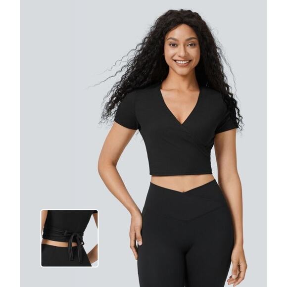 Halara Black V Neck Short Sleeve Wrap Tie Back Cropped Athletic Top Size XL NEW - Picture 1 of 9